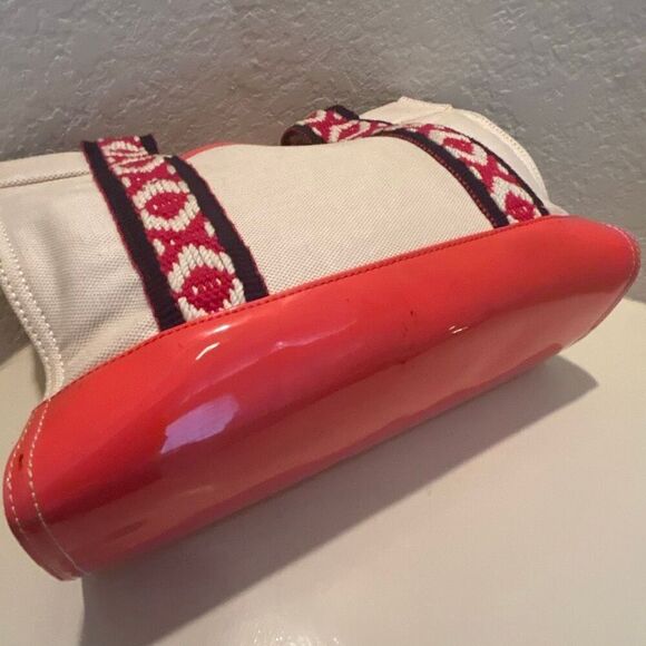 Tory Burch Canvas Tote Bag Neutral Blue Red Boho Strap Coastal Beach Vacation - Picture 6 of 12